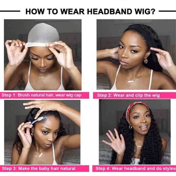 Headband Wig Human Hair Deep Wave 12 Inch No Lace Curly for Women Natural Style main image 4